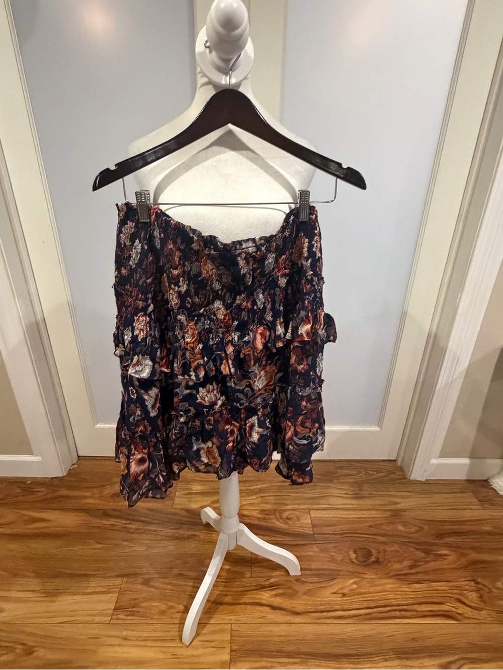 Anthropologie Navy Floral Ruffle Mini Skirt - Picture 4 of 11